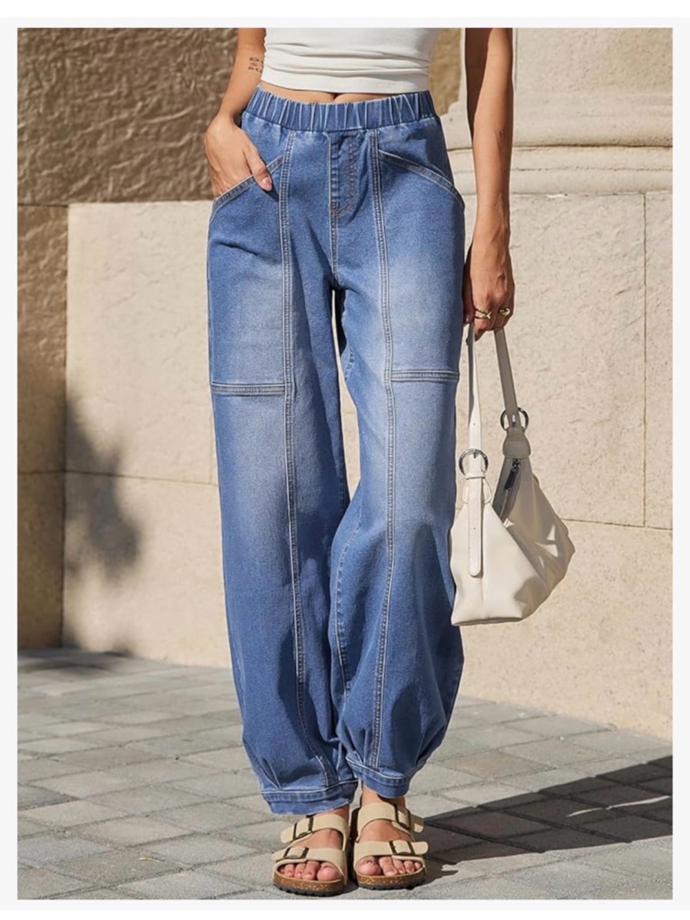 Casual Elastic Waist Blue Women's Jeans - Picture 4 of 10